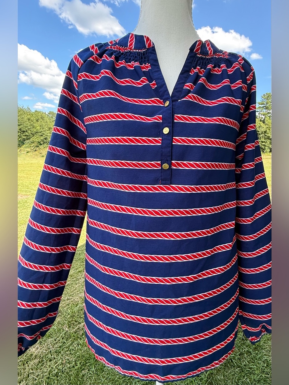 Macbeth Collection by Margaret Josephs Navy & Red Striped Long Sleeve Tee.